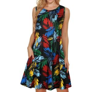 imageelescat Womens Summer Dresses 2025 Beach Casual Sleeveless Floral Print Tank Loose Sundress with PocketColorful Leaves