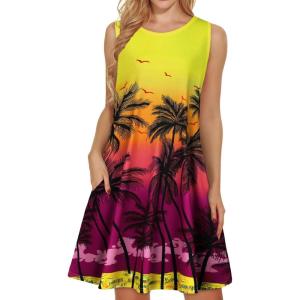 imageelescat Womens Summer Dresses 2025 Beach Casual Sleeveless Floral Print Tank Loose Sundress with PocketColorful Sunset Tree