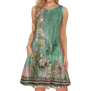 imageelescat Womens Summer Dresses 2025 Beach Casual Sleeveless Floral Print Tank Loose Sundress with PocketGreen Flroal