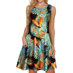 imageelescat Womens Summer Dresses 2025 Beach Casual Sleeveless Floral Print Tank Loose Sundress with PocketGreen Orange Leaves