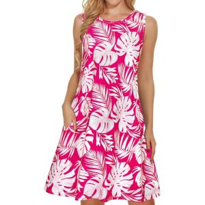 imageelescat Womens Summer Dresses 2025 Beach Casual Sleeveless Floral Print Tank Loose Sundress with PocketHot Pink Leaves