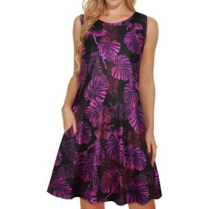 imageelescat Womens Summer Dresses 2025 Beach Casual Sleeveless Floral Print Tank Loose Sundress with PocketPurple Leaves
