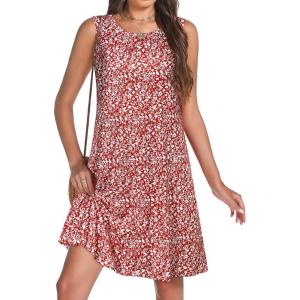 imageelescat Womens Summer Dresses 2025 Beach Casual Sleeveless Floral Print Tank Loose Sundress with PocketRed  White