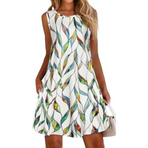 imageelescat Womens Summer Dresses 2025 Beach Casual Sleeveless Floral Print Tank Loose Sundress with PocketWhite Leaf Stripes