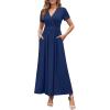 imageWEACZZY 2025 Summer Long Dresses for Women Wrap Empire Pleated Waist V Neck Short Sleeve Elegant Maxi Dress with Pockets01 Navy Blue