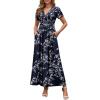 imageWEACZZY 2025 Summer Long Dresses for Women Wrap Empire Pleated Waist V Neck Short Sleeve Elegant Maxi Dress with PocketsWhite Navy