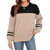 imageWEACZZY Womens 2024 Fall Fashion Crew Neck Long Sleeve Oversized Color Block Sweaters Ribbed Knit Side Slit Pullover TopsDouble Khaki