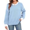 imageWEACZZY Womens 2024 Fall Fashion Crew Neck Long Sleeve Oversized Color Block Sweaters Ribbed Knit Side Slit Pullover TopsSky Blue
