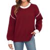 imageWEACZZY Womens 2024 Fall Fashion Crew Neck Long Sleeve Oversized Color Block Sweaters Ribbed Knit Side Slit Pullover TopsWine Red