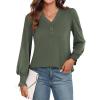 imageWEACZZY Womens 2025 Fall Fashion Long Puff Sleeve Tops Dressy Casual Button V Neck Smocked Cuffs Cute Blouse Shirt TunicArmy Green