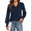 imageWEACZZY Womens 2025 Fall Fashion Long Puff Sleeve Tops Dressy Casual Button V Neck Smocked Cuffs Cute Blouse Shirt TunicNavy Blue