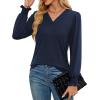 imageWEACZZY Womens 2025 Fall Fashion Long Puff Sleeve Tops Dressy Casual Button V Neck Smocked Cuffs Cute Blouse Shirt TunicNavy Blue