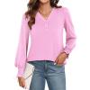 imageWEACZZY Womens 2025 Fall Fashion Long Puff Sleeve Tops Dressy Casual Button V Neck Smocked Cuffs Cute Blouse Shirt TunicPink