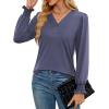 imageWEACZZY Womens 2025 Fall Fashion Long Puff Sleeve Tops Dressy Casual Button V Neck Smocked Cuffs Cute Blouse Shirt TunicPurple Grey