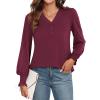 imageWEACZZY Womens 2025 Fall Fashion Long Puff Sleeve Tops Dressy Casual Button V Neck Smocked Cuffs Cute Blouse Shirt TunicWine Red