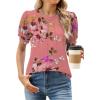 imageWEACZZY Womens Puff Short Sleeve Tops Dressy Casual Crew Neck Pleated T Shirts Cute Blouse Tunic Top Fashion Clothes 2025Floral Sugar Pink