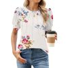 imageWEACZZY Womens Puff Short Sleeve Tops Dressy Casual Crew Neck Pleated T Shirts Cute Blouse Tunic Top Fashion Clothes 2025Floral White