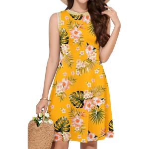 imageWEACZZY 2025 Summer Dresses for Women Casual Loose Fit Beach Vacation Sundress Sleeveless Crewneck Tank Dress with PocketsGreen Leaf Yellow