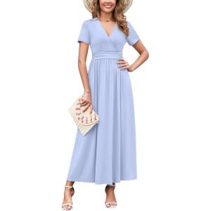 imageWEACZZY 2025 Summer Long Dresses for Women Wrap Empire Pleated Waist V Neck Short Sleeve Elegant Maxi Dress with Pockets01 Blue