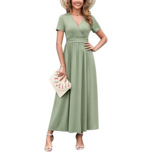 imageWEACZZY 2025 Summer Long Dresses for Women Wrap Empire Pleated Waist V Neck Short Sleeve Elegant Maxi Dress with Pockets01 Dark Green