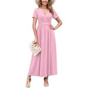 imageWEACZZY 2025 Summer Long Dresses for Women Wrap Empire Pleated Waist V Neck Short Sleeve Elegant Maxi Dress with Pockets01 Mauve