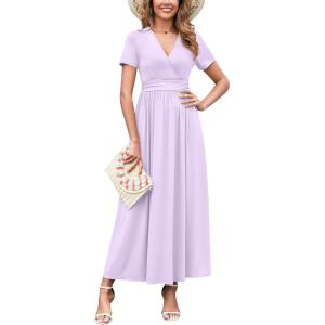 imageWEACZZY 2025 Summer Long Dresses for Women Wrap Empire Pleated Waist V Neck Short Sleeve Elegant Maxi Dress with Pockets01 Purple