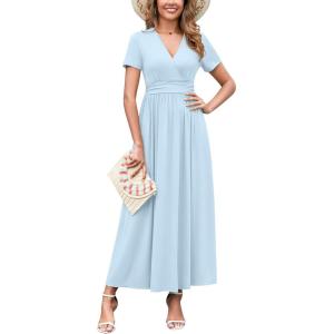 imageWEACZZY 2025 Summer Long Dresses for Women Wrap Empire Pleated Waist V Neck Short Sleeve Elegant Maxi Dress with Pockets01 Sky Blue