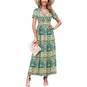 imageWEACZZY 2025 Summer Long Dresses for Women Wrap Empire Pleated Waist V Neck Short Sleeve Elegant Maxi Dress with PocketsBlue Khaki