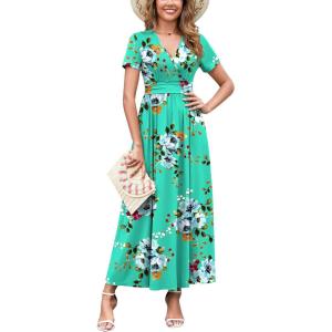 imageWEACZZY 2025 Summer Long Dresses for Women Wrap Empire Pleated Waist V Neck Short Sleeve Elegant Maxi Dress with PocketsMint Green