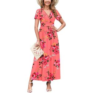 imageWEACZZY 2025 Summer Long Dresses for Women Wrap Empire Pleated Waist V Neck Short Sleeve Elegant Maxi Dress with PocketsSugar Pink