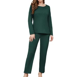imageWEACZZY Knit Lounge Sets for Women 2 Piece Cozy Long Sleeve Top and Wide Leg Pants Set Waffle Pajamas OutfitsDark GreenMedium