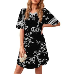 imageWEACZZY Nightgowns for Women Soft Sleep Shirt V Neck Short Sleeve Loungewear Loose Comfy NightShirtsBlack Leaves