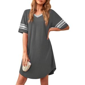 imageWEACZZY Nightgowns for Women Soft Sleep Shirt V Neck Short Sleeve Loungewear Loose Comfy NightShirtsDark Gray