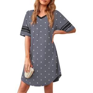 imageWEACZZY Nightgowns for Women Soft Sleep Shirt V Neck Short Sleeve Loungewear Loose Comfy NightShirtsDot Navy Blue