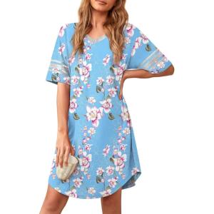 imageWEACZZY Nightgowns for Women Soft Sleep Shirt V Neck Short Sleeve Loungewear Loose Comfy NightShirtsFloral Light Blue