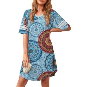 imageWEACZZY Nightgowns for Women Soft Sleep Shirt V Neck Short Sleeve Loungewear Loose Comfy NightShirtsFloral Mix Blue