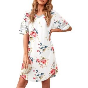 imageWEACZZY Nightgowns for Women Soft Sleep Shirt V Neck Short Sleeve Loungewear Loose Comfy NightShirtsFloral White