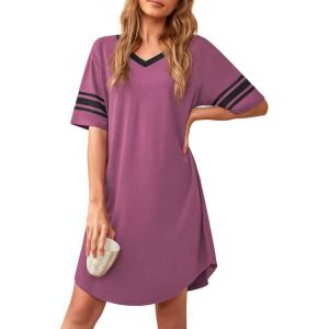 imageWEACZZY Nightgowns for Women Soft Sleep Shirt V Neck Short Sleeve Loungewear Loose Comfy NightShirtsMauve