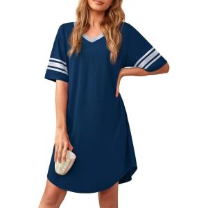 imageWEACZZY Nightgowns for Women Soft Sleep Shirt V Neck Short Sleeve Loungewear Loose Comfy NightShirtsNavy Blue