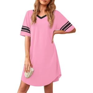 imageWEACZZY Nightgowns for Women Soft Sleep Shirt V Neck Short Sleeve Loungewear Loose Comfy NightShirtsPink