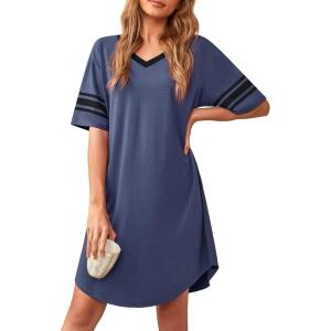 imageWEACZZY Nightgowns for Women Soft Sleep Shirt V Neck Short Sleeve Loungewear Loose Comfy NightShirtsPurple Gray