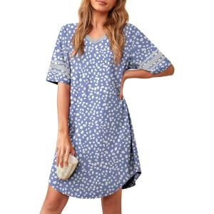 imageWEACZZY Nightgowns for Women Soft Sleep Shirt V Neck Short Sleeve Loungewear Loose Comfy NightShirtsSpotted Blue