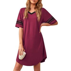 imageWEACZZY Nightgowns for Women Soft Sleep Shirt V Neck Short Sleeve Loungewear Loose Comfy NightShirtsWine Red