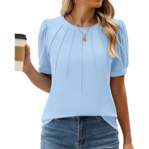 imageWEACZZY Summer Tops for Women 2024 Casual Classic Fit Pleated Crew Neck Puff Short Sleeve Tunic TShirts Clothes Light Blue L