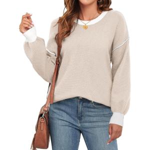 imageWEACZZY Womens 2024 Fall Fashion Crew Neck Long Sleeve Oversized Color Block Sweaters Ribbed Knit Side Slit Pullover TopsApricot