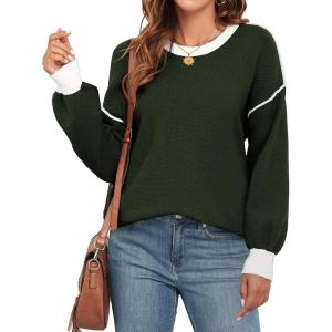 imageWEACZZY Womens 2024 Fall Fashion Crew Neck Long Sleeve Oversized Color Block Sweaters Ribbed Knit Side Slit Pullover TopsArmy Green
