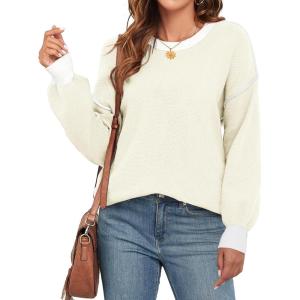 imageWEACZZY Womens 2024 Fall Fashion Crew Neck Long Sleeve Oversized Color Block Sweaters Ribbed Knit Side Slit Pullover TopsBeige