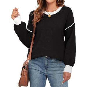 imageWEACZZY Womens 2024 Fall Fashion Crew Neck Long Sleeve Oversized Color Block Sweaters Ribbed Knit Side Slit Pullover TopsBlack