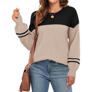 imageWEACZZY Womens 2024 Fall Fashion Crew Neck Long Sleeve Oversized Color Block Sweaters Ribbed Knit Side Slit Pullover TopsDouble Khaki