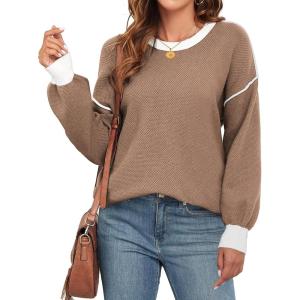 imageWEACZZY Womens 2024 Fall Fashion Crew Neck Long Sleeve Oversized Color Block Sweaters Ribbed Knit Side Slit Pullover TopsKhaki